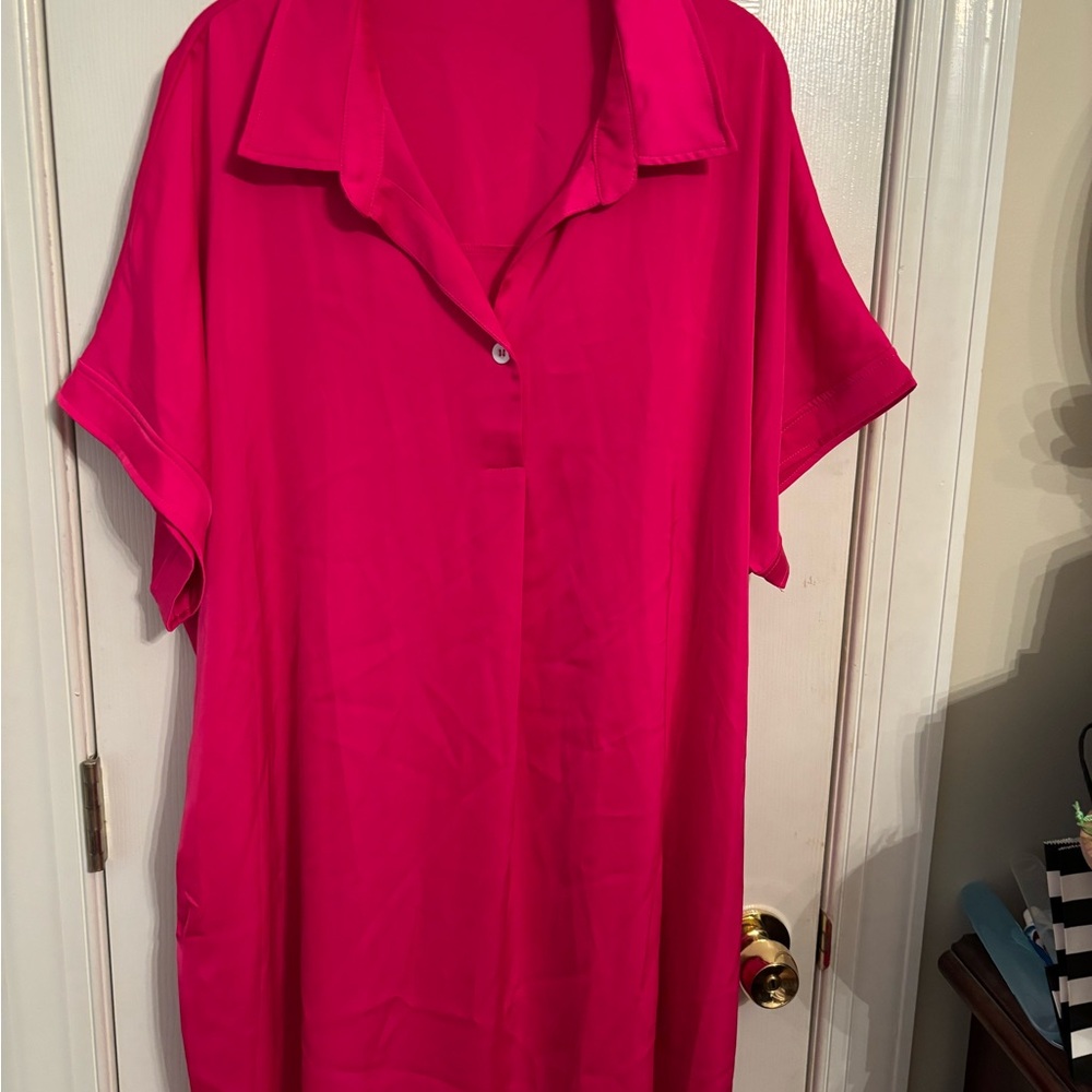 NWOT hot pink silky shirt dress 2x